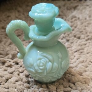 Vintage Avon Blue Celedon Milk Glass Pitcher Vase Bottle Victorian Roses 5.5 In.